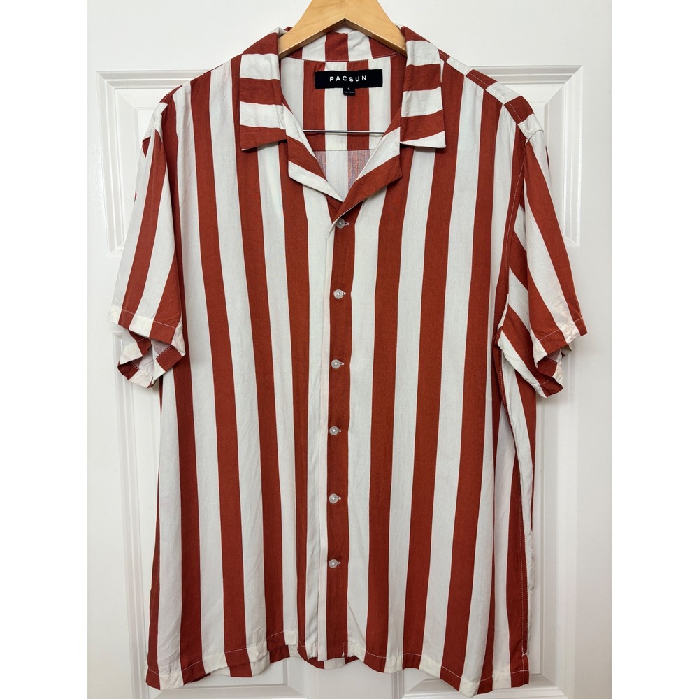 PacSun Mens Large Rust Orange White Striped Viscose Short Sleeve Camp Shirt